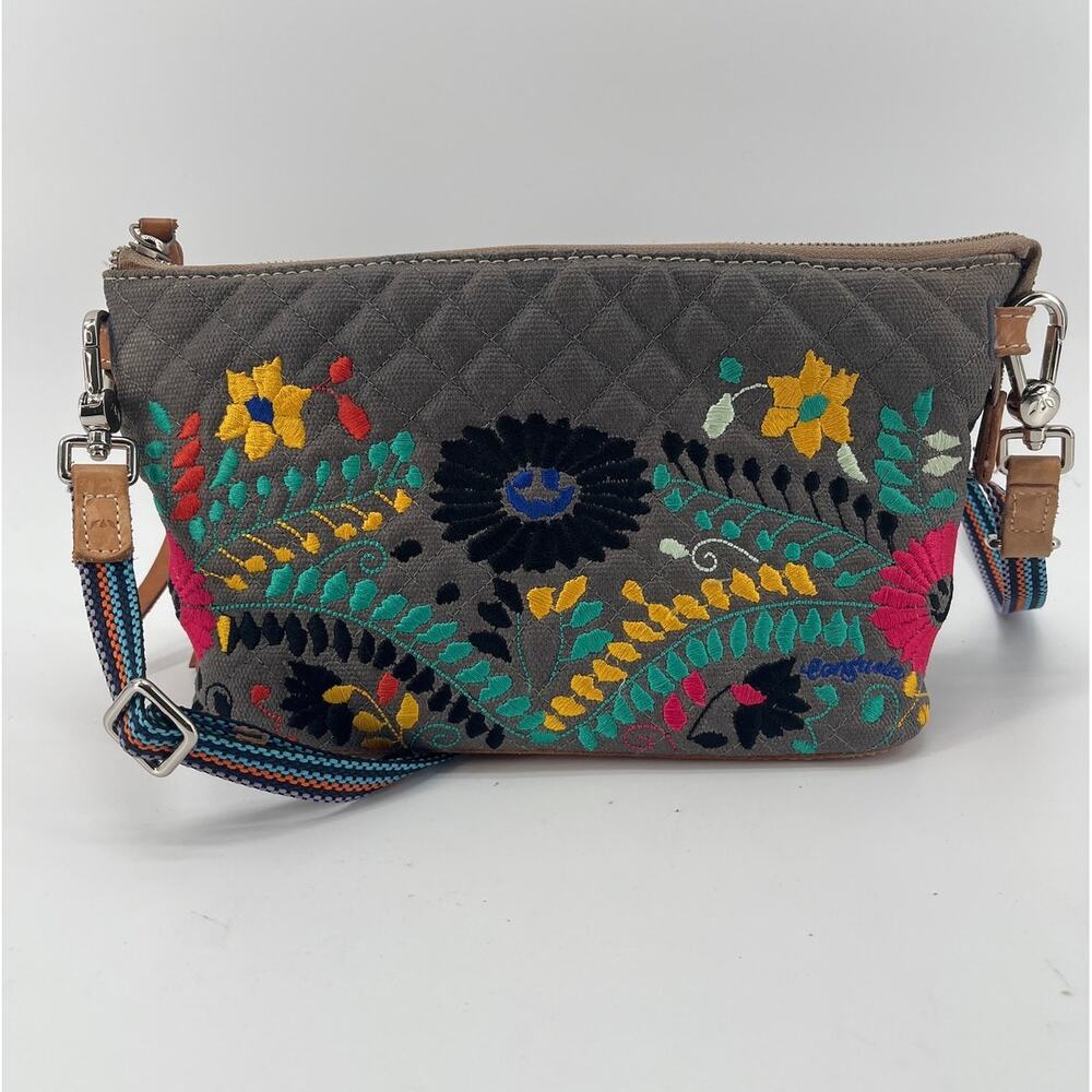 Consuela Silverlake Embroidered Gray Quilted Bag Shoulder Purse Floral